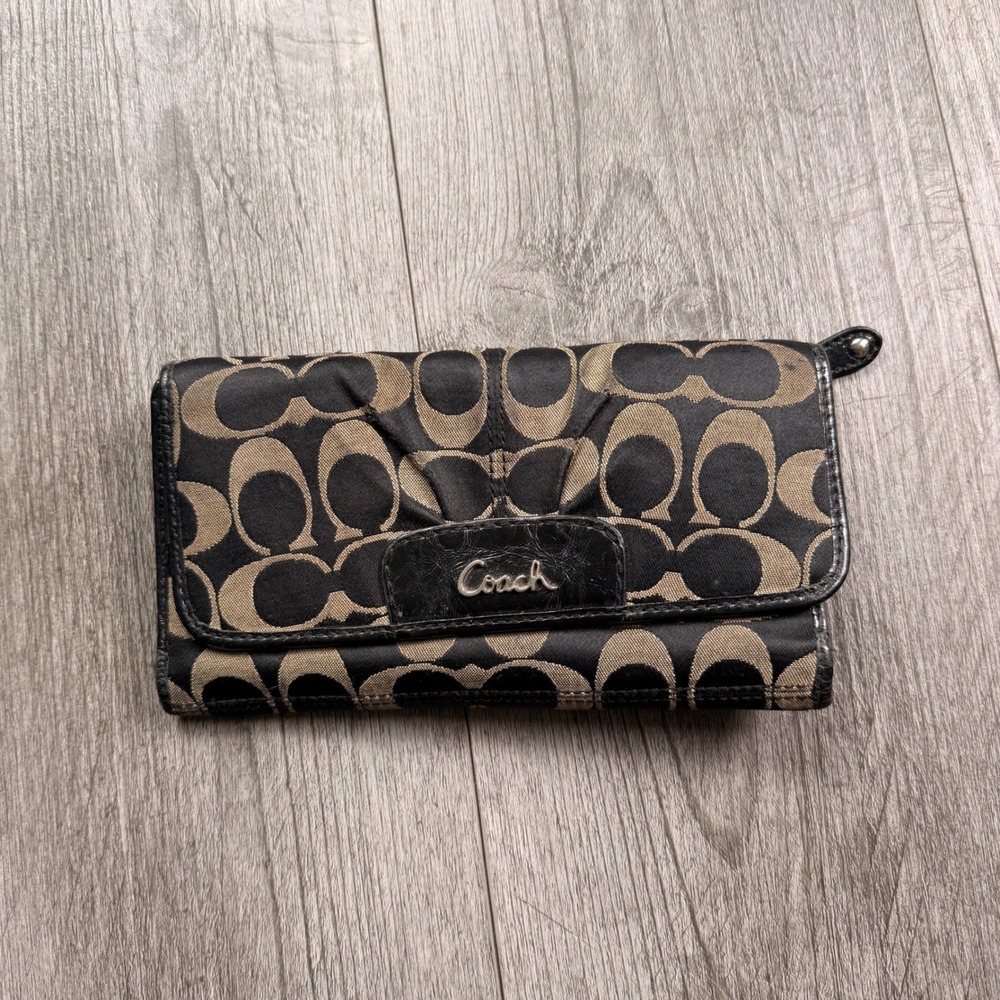 Coach Signature C Wallet Black Khaki Checkbook Snap Zip Coin ID Slots